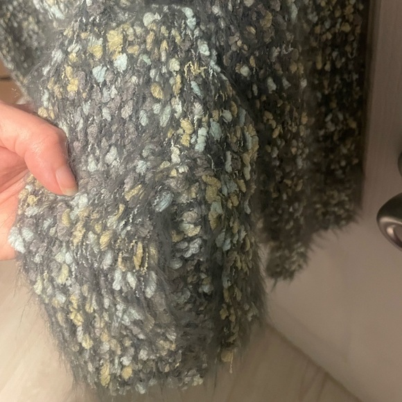 Gray with Green & Blue Confetti Detail V-Neck Sweater Eyelash Fuzzy Knit, Medium - Picture 8 of 9